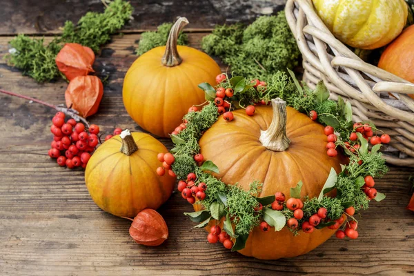 Pumpkin decorated with wreath with red berries (cotoneaster hori — Stock Photo, Image