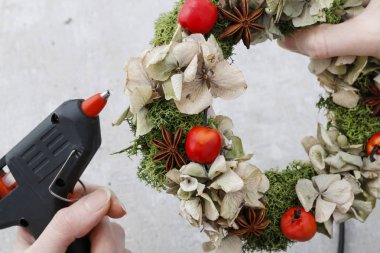 Nasıl Noel kapı çelenk moss ve kuru HORTENSIA fl ile yapmak