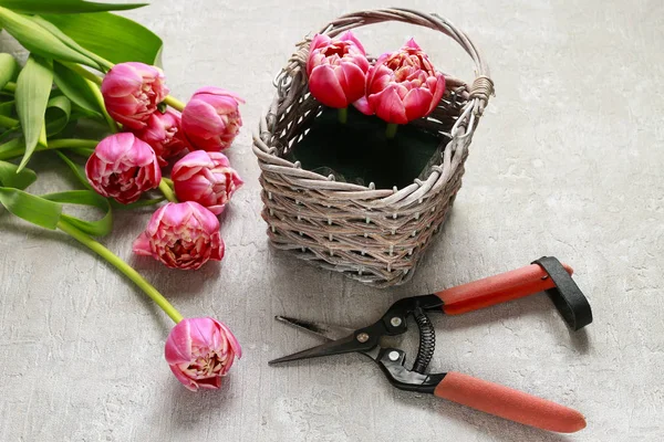 How to make bouquet of tulips in wicker basket — Stock Photo, Image