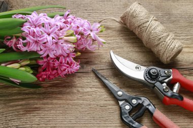 Ahşap zemin üzerine sümbül çiçek