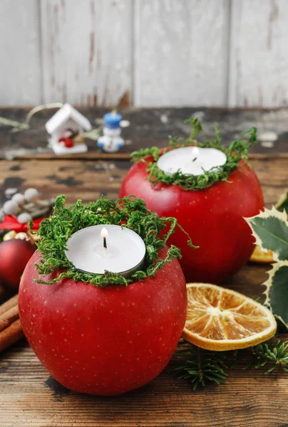 Candle in apple - beautiful christmas table decoration — Stock Photo, Image