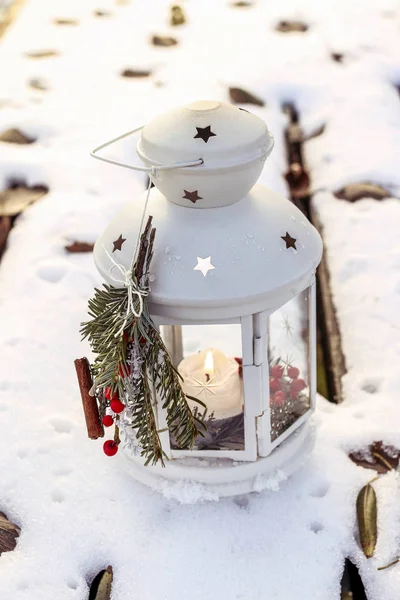 White iron lantern in winter garden. — Stock Photo, Image