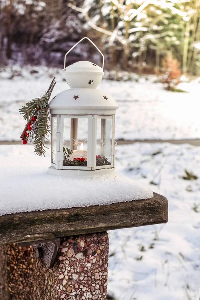 Lanterna de ferro branco no jardim de inverno . — Fotografia de Stock