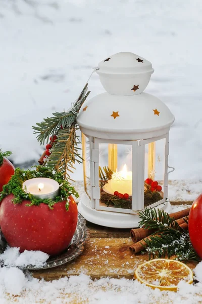 White lantern in winter garden — Stock Photo, Image