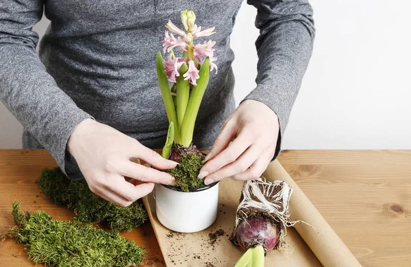 Vrouw die werkt met Lentebloemen — Stockfoto