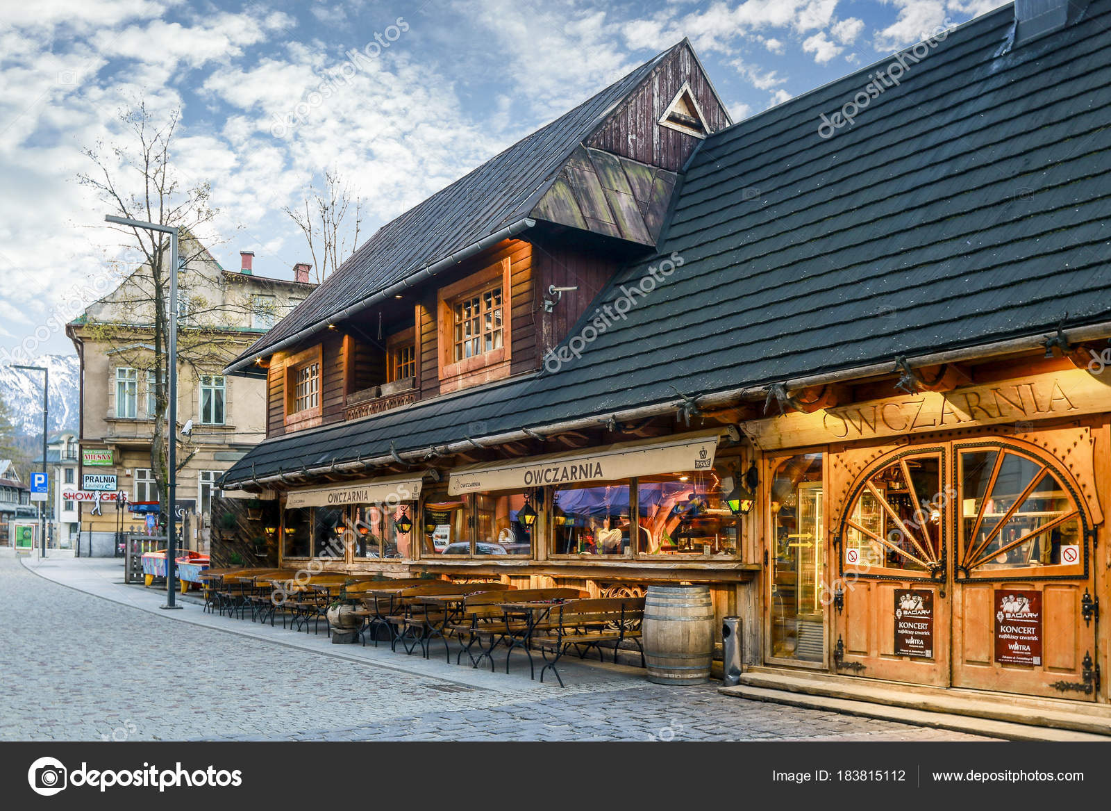 ZAKOPANE, POLAND - APRIL 26, 2016: Traditional wooden restaurant