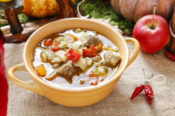 Gulášová polévka s čerstvou zeleninou a masem — Stock fotografie