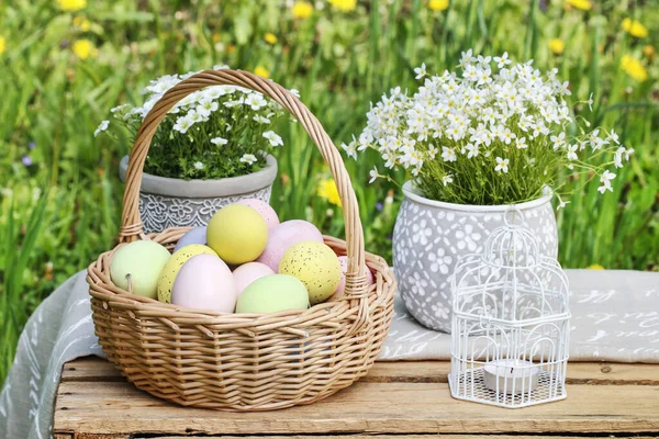 Basket of Easter eggs, traditional cakes and flowers in the gard — Stock Photo, Image