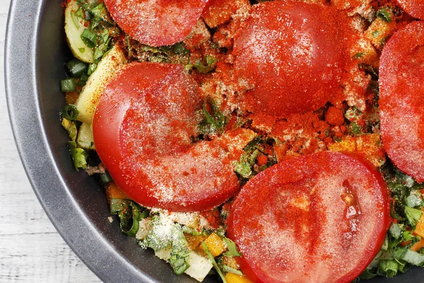Traditional tomato, fish and cheese casserole. Italian food. — Stock Photo, Image