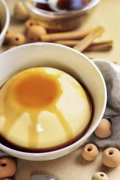 Flan, traditional spanish dessert with cheese and caramel. — Stock Photo, Image