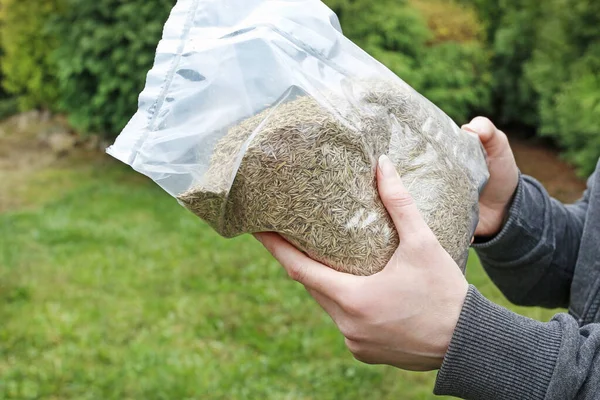 Mujer está sosteniendo una bolsa de semillas de hierba en sus manos . — Foto de Stock