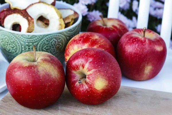 A bowl of dried apples with fresh fruit next to it. — Stock Photo, Image