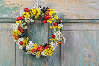 Gül kalça, tansi ve spiraea ile sonbahar çelengi