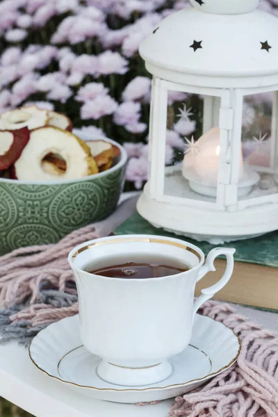 En kopp te står på en gammal bok. — Stockfoto