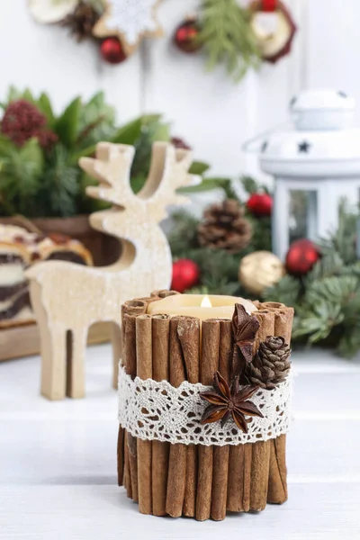 Candle Decorated Cinnamon Sticks Christmas Decoration Festive Time — Stock Photo, Image