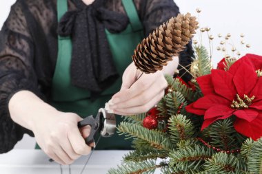 İşteki çiçekçi: kadın Noel süslemesinin nasıl yapıldığını noktalı çiçek (Euphorbia pulcherrima), köknar, mücevher ve koni ile gösterir.