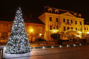 Geleneksel büyük noel ağacı. Renkli ışıklarla aydınlatılmış..