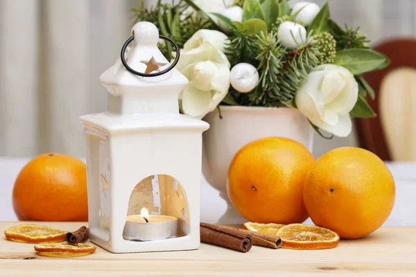 Beautiful Ceramic Lantern Fresh Oranges Traditional Christmas Table Decoration — Stock Photo, Image