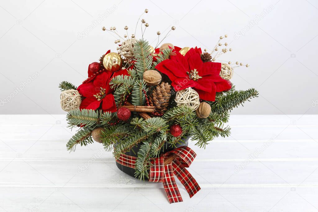 Christmas decoration with the poinsettia flower (Euphorbia pulcherrima), fir, baubles and cones.  Festive time