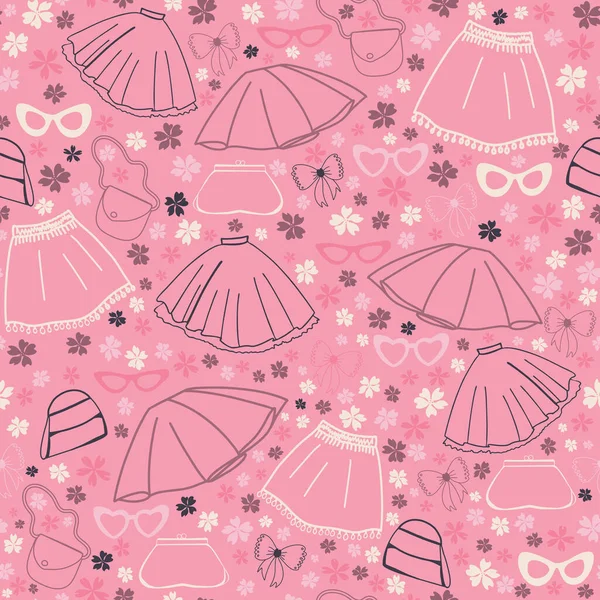 Faldas lineales vectoriales, gafas y bolsos patrón sin costura sobre fondo rosa — Vector de stock