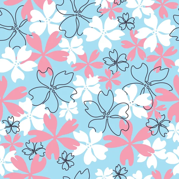 Patrón floral repetido inconsútil azul, blanco y rosa . — Vector de stock