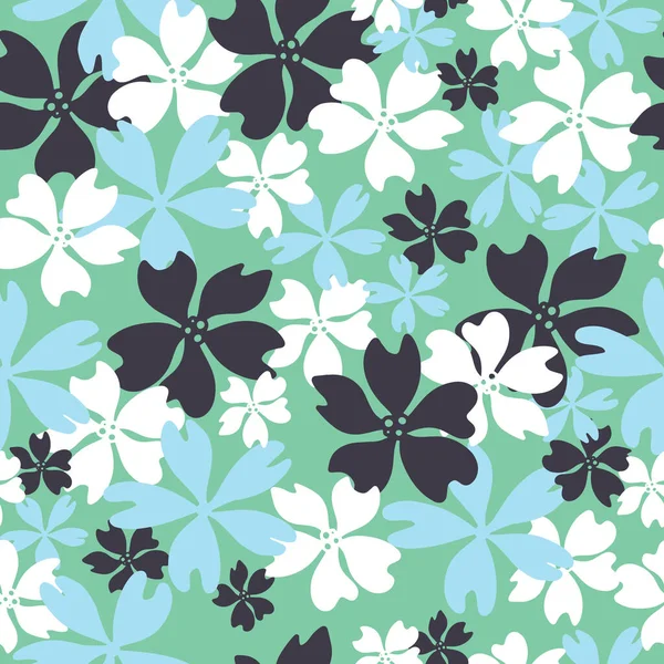 Patrón floral repetido sin costuras verde, blanco y azul . — Vector de stock