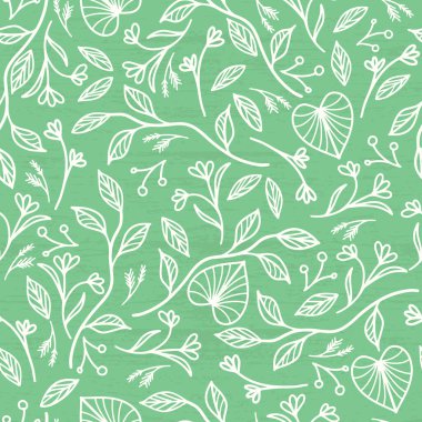 Yeşil arka planda yaprakları olan vektör dekoratif dallar. Kusursuz desen