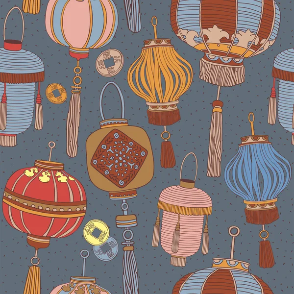 Lanternes chinoises motif sans couture . — Image vectorielle