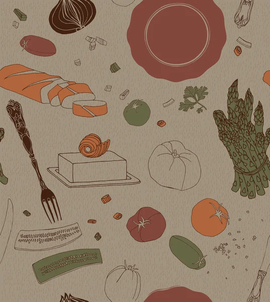 Vegetables and dishes, Vector freehand seamless pattern. Vector Graphics