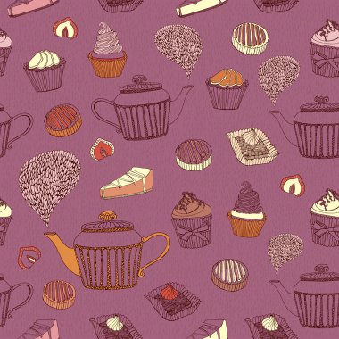 Çay, kek ve tatlılar seamless modeli