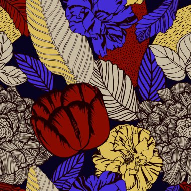 Çiçekli parlak yaz arka plan. Vektör parlak çiçek desenli.