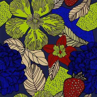 Güllü parlak çiçek arka plan. Çiçek ve yaprakları ile vektör vintage desen.