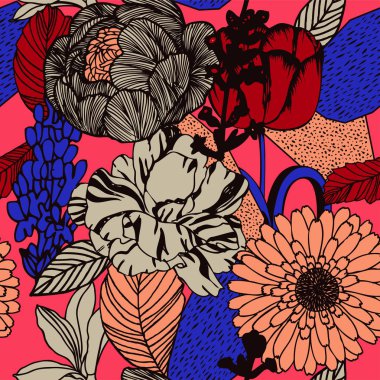 Güllü parlak çiçek arka plan. Çiçek ve yaprakları ile vektör vintage desen.