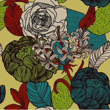 Güllü parlak çiçek arka plan. Çiçek ve yaprakları ile vektör vintage desen.