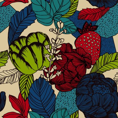 Güllü parlak çiçek arka plan. Çiçek ve yaprakları ile vektör vintage desen.