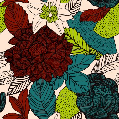 Güllü parlak çiçek arka plan. Çiçek ve yaprakları ile vektör vintage desen.