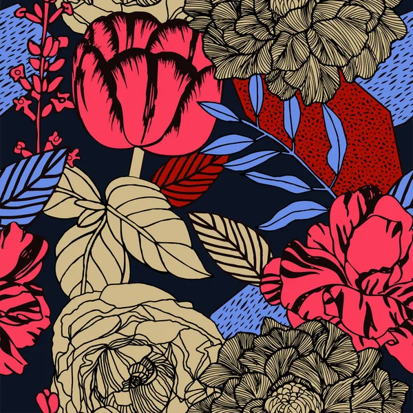 バラと明るい花の背景 花と葉でビンテージ パターン ベクトル — ストックベクタ