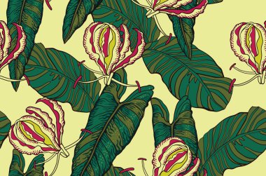 Tropik orman çizimi. Yaprakları ve çiçekleri olan kusursuz bir arka plan.