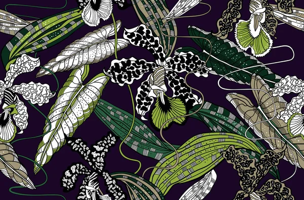 Tropisk Skog Illustration Naturlig Sömlös Bakgrund Med Blad Och Blommor — Stock vektor