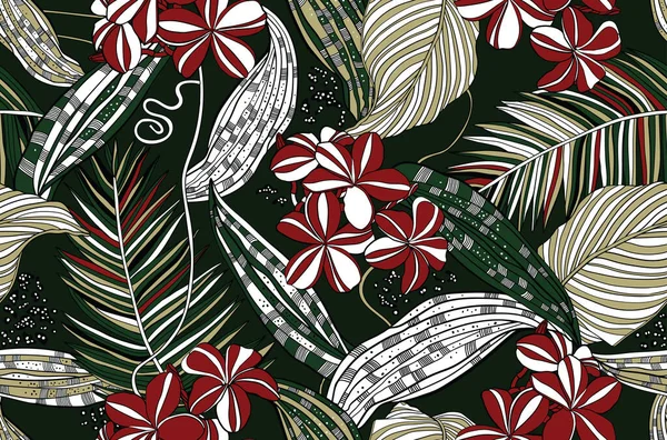 Ilustracja Lasu Tropikalnego Naturalne Bezszwowe Tło Liśćmi Kwiatami — Wektor stockowy