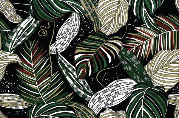 Trópusi Erdei Illusztráció Természetes Zökkenőmentes Háttér Levelek Virágok — Stock Vector