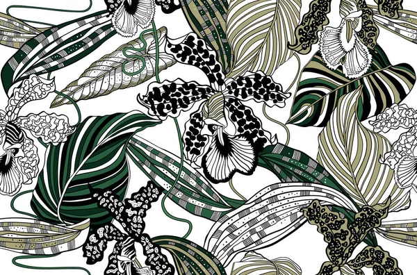 Tropenwald Illustration Natürliche Nahtlose Hintergrund Mit Blättern Und Blumen lizenzfreie Stockvektoren
