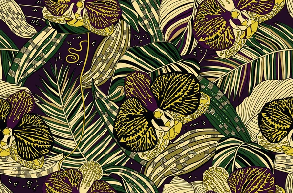 Тропические Лесные Иллюстрации Естественный Бесшовный Фон Листьями Цветами Стоковый вектор