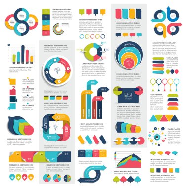 Mega infographics elemanları çizelgeleri, grafikler, daire grafikler, diyagramlar, konuşma balonları kümesi. Düz ve 3d tasarım. Vektör.