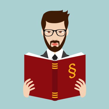 Savunucusu, avukat hukuk kitap okuyorum. Düz vektör. İzole.