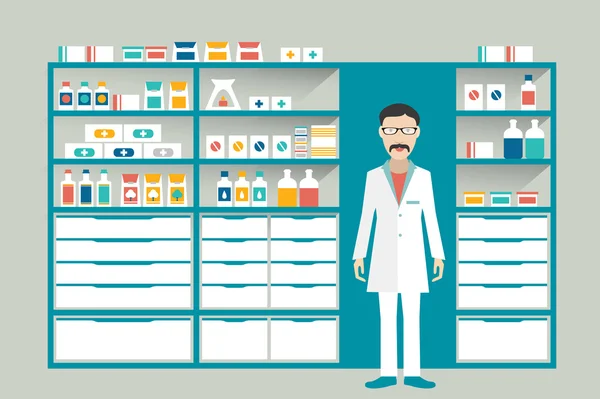 Farmacista uomo in farmacia, farmacia. Scaffali con medicinali, cure, pillole. Vettore piatto . — Vettoriale Stock