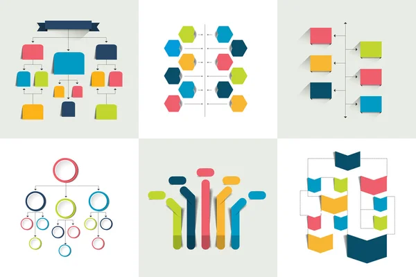 Fluxogramas. Conjunto de 6 esquemas de fluxogramas, diagramas. Simplesmente cor editável. Elementos infográficos . — Vetor de Stock