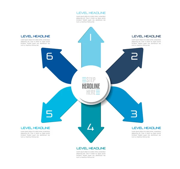 Diagrama de diseño de seis direcciones flechas azules, gráfico, plantilla, infografía. Vector . — Archivo Imágenes Vectoriales