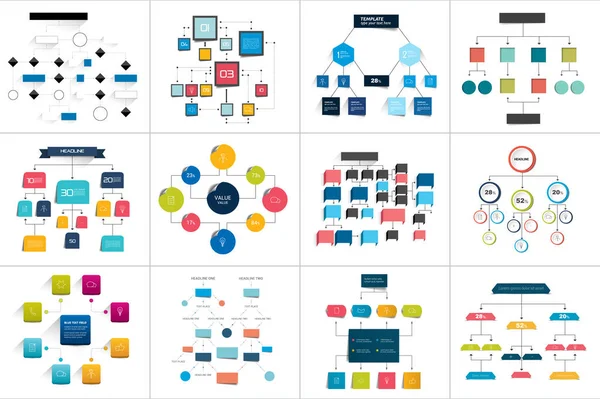 Mega set van verschillende stroomschema 's, diagrammen. Gewoon bewerkbaar in kleur. Infografische elementen. — Stockvector