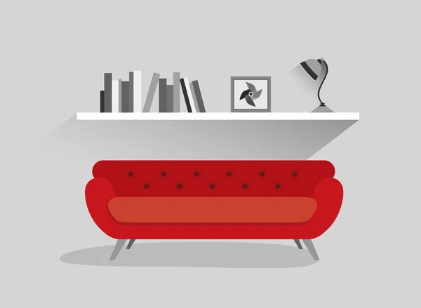 Retro červená pohovka a kniha police s lampou. Plochý design vektorové ilustrace. — Stockový vektor